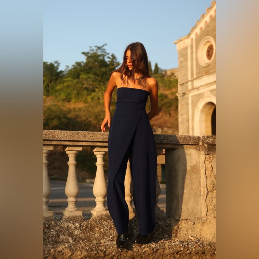 NWT Zara Long Sarong Pants Jumpsuit Navy Blue Medium